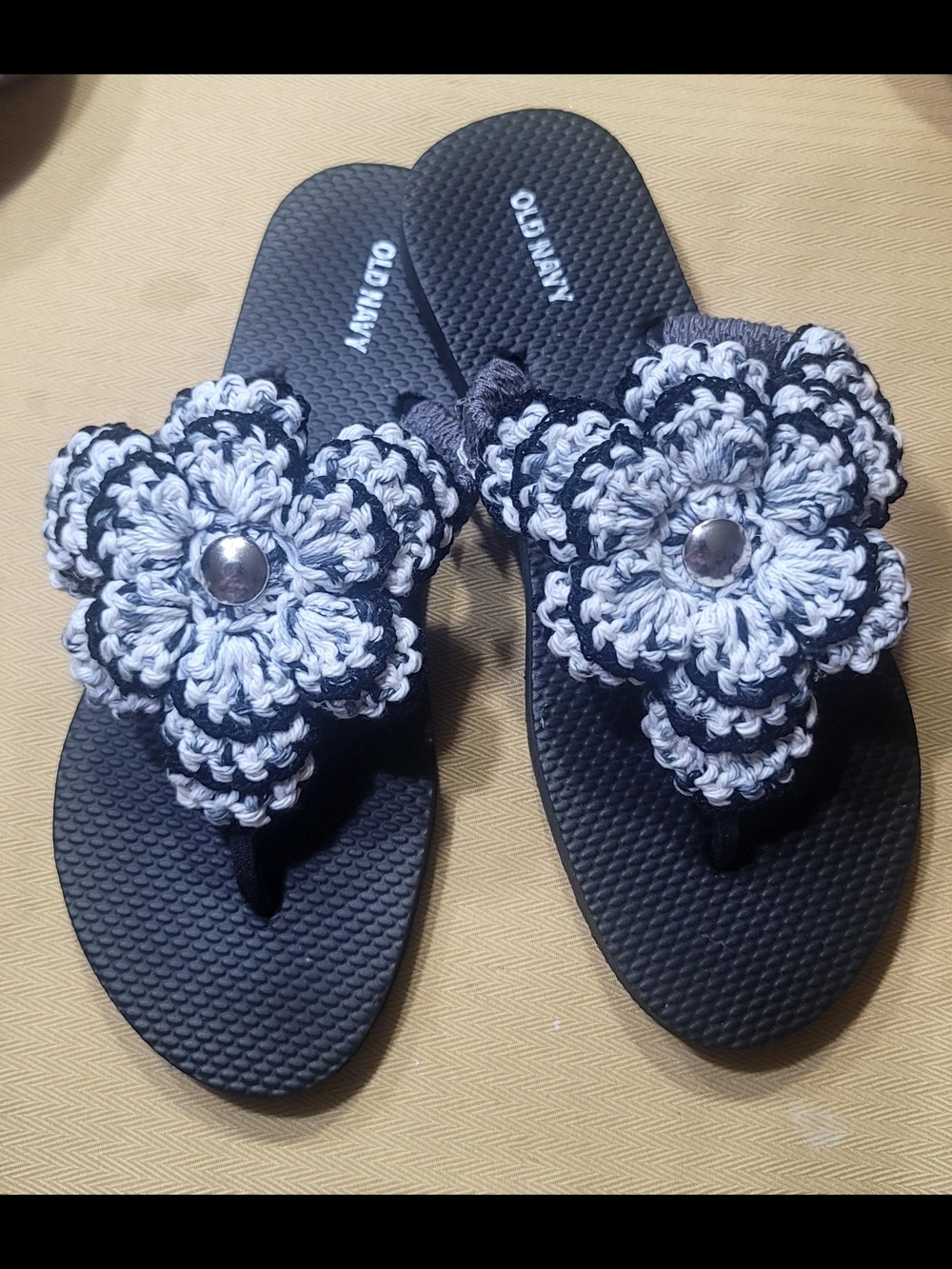Old Navy Black Flip Flops with Crocheted White & Black Flower/any Size